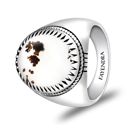 Sterling Silver 925 Ring Rhodium Plated Embedded With NATURAL AGATE