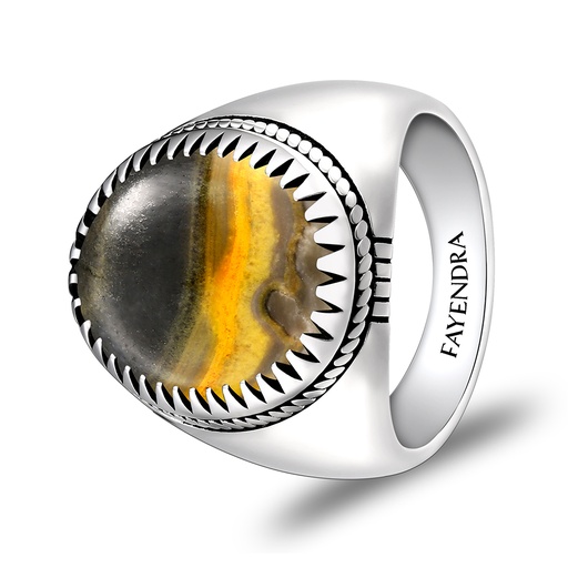 Sterling Silver 925 Ring Rhodium Plated Embedded With YELLOW TIGER EYE