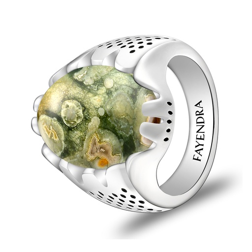 Sterling Silver 925 Ring Rhodium Plated Embedded With RHYOLITE