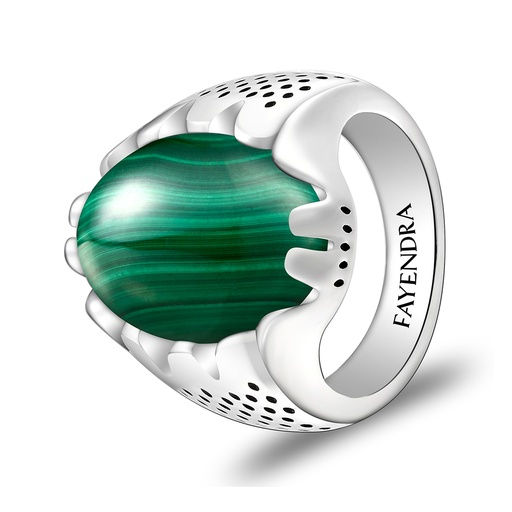 Sterling Silver 925 Ring Rhodium Plated Embedded With Malachite