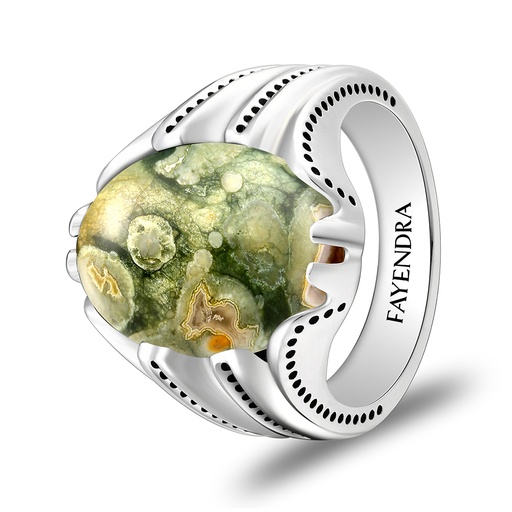 Sterling Silver 925 Ring Rhodium Plated Embedded With RHYOLITE
