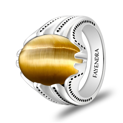 Sterling Silver 925 Ring Rhodium Plated Embedded With GOLD TIGER EYE