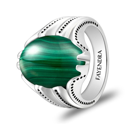 Sterling Silver 925 Ring Rhodium Plated Embedded With Malachite