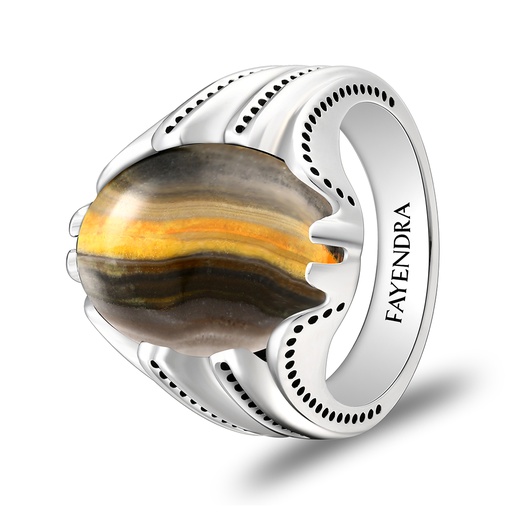 Sterling Silver 925 Ring Rhodium Plated Embedded With YELLOW TIGER EYE