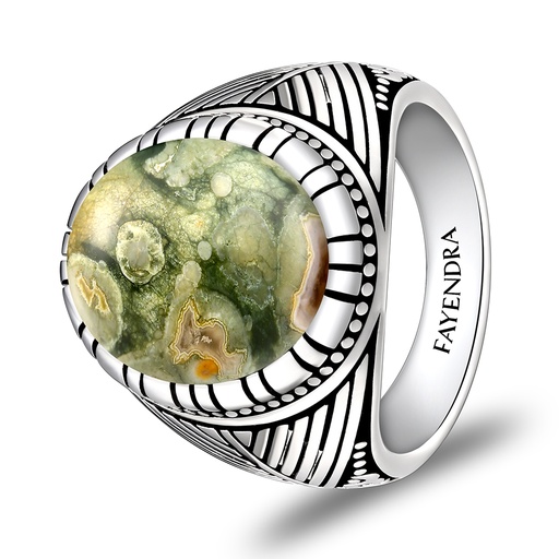 Sterling Silver 925 Ring Rhodium Plated Embedded With RHYOLITE
