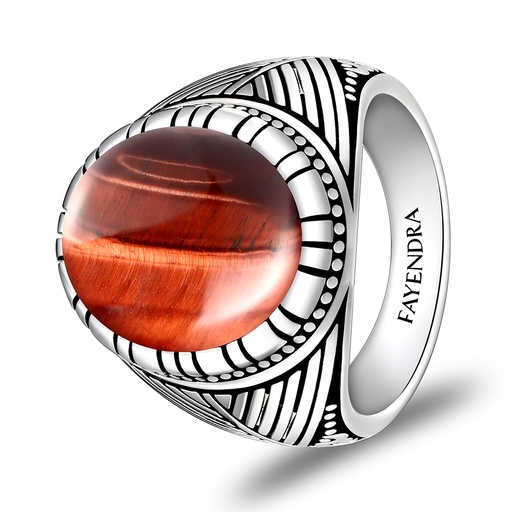 Sterling Silver 925 Ring Rhodium Plated Embedded With RED TIGER EYE