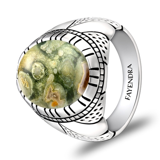Sterling Silver 925 Ring Rhodium Plated Embedded With RHYOLITE