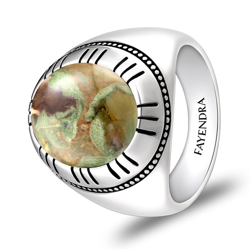 Sterling Silver 925 Ring Rhodium Plated Embedded With RHYOLITE