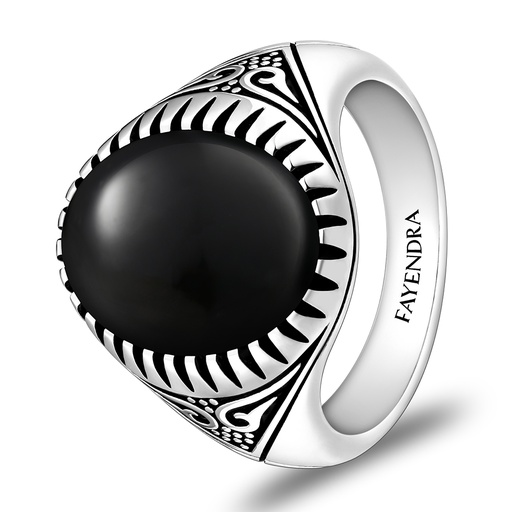 Sterling Silver 925 Ring Rhodium Plated Embedded With Black AGATE