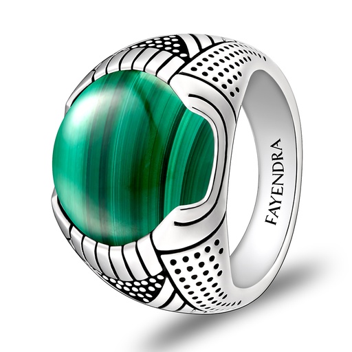 Sterling Silver 925 Ring Rhodium Plated Embedded With Malachite