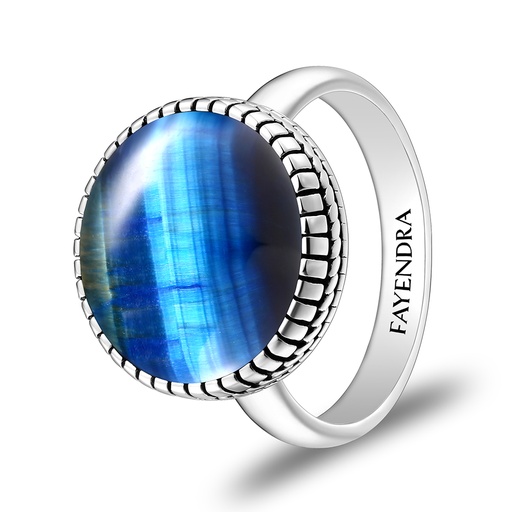 Sterling Silver 925 Ring Rhodium Plated Embedded With BLUE TIGER EYE