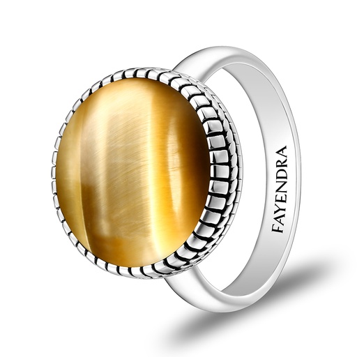 Sterling Silver 925 Ring Rhodium Plated Embedded With GOLD TIGER EYE