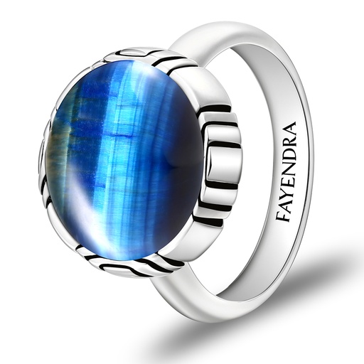 Sterling Silver 925 Ring Rhodium Plated Embedded With BLUE TIGER EYE