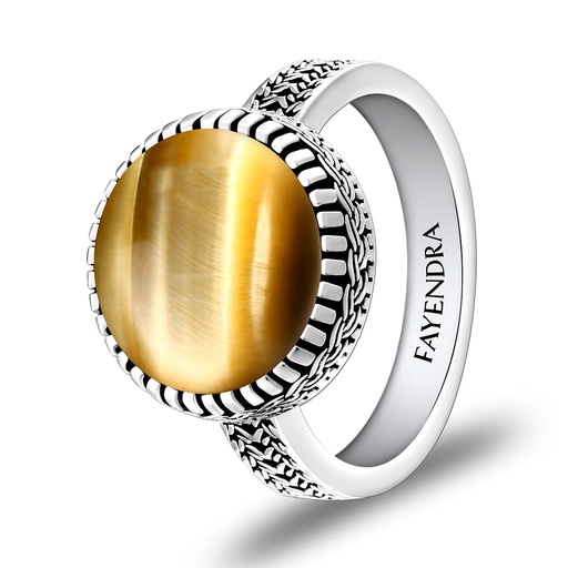 Sterling Silver 925 Ring Rhodium Plated Embedded With GOLD TIGER EYE