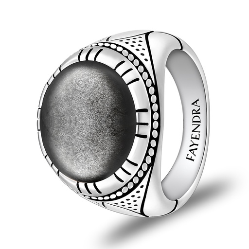 Sterling Silver 925 Ring Rhodium Plated Embedded With SILVER OBSIDIAN