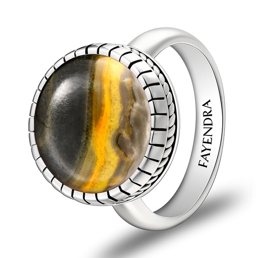 Sterling Silver 925 Ring Rhodium Plated Embedded With YELLOW TIGER EYE