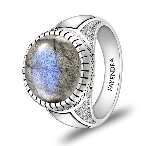 Sterling Silver 925 Ring Rhodium Plated Embedded With LABRADORITE And White CZ