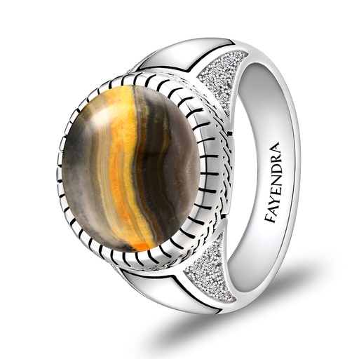 Sterling Silver 925 Ring Rhodium Plated Embedded With YELLOW TIGER EYE And White CZ