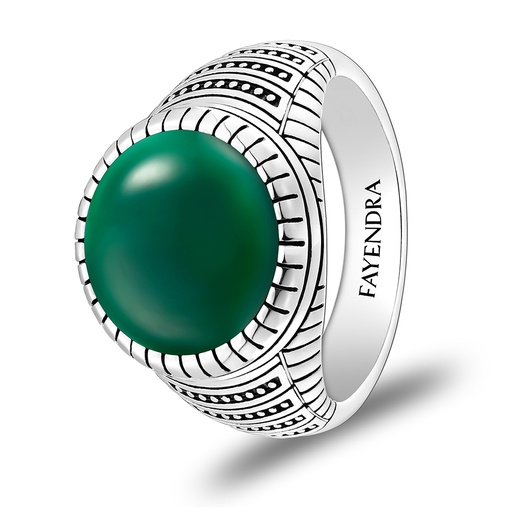 Sterling Silver 925 Ring Rhodium Plated Embedded With GREEN AGATE