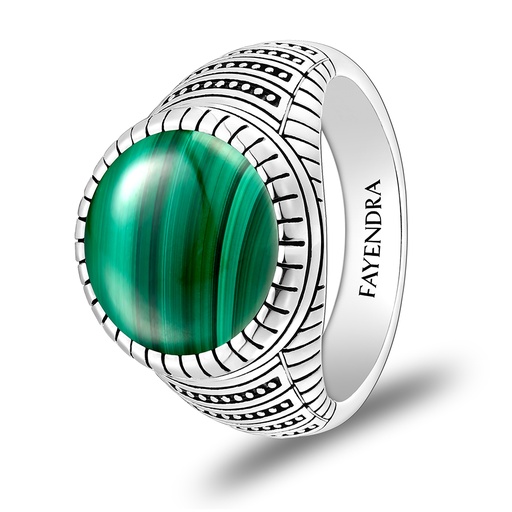 Sterling Silver 925 Ring Rhodium Plated Embedded With Malachite