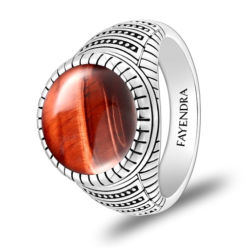 Sterling Silver 925 Ring Rhodium Plated Embedded With RED TIGER EYE