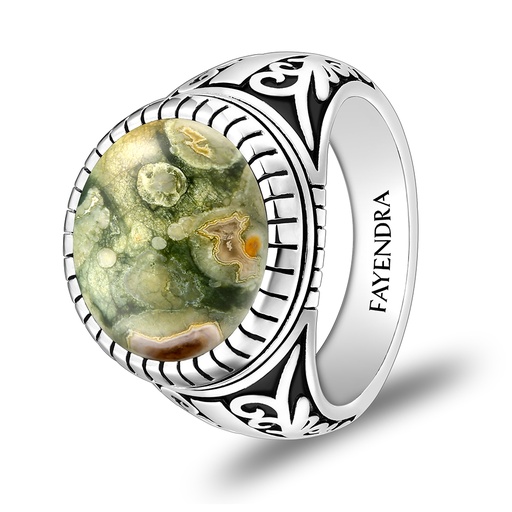 Sterling Silver 925 Ring Rhodium Plated Embedded With RHYOLITE