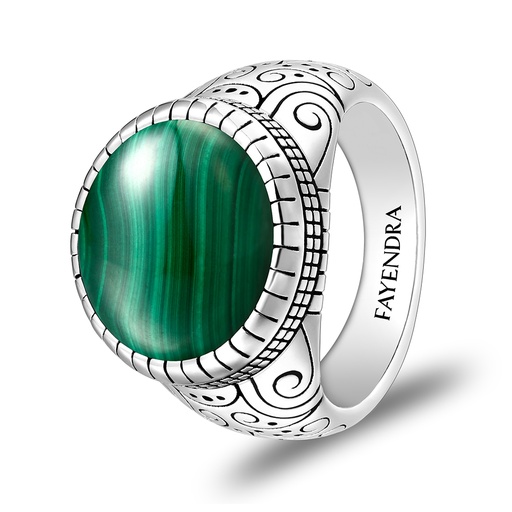 Sterling Silver 925 Ring Rhodium Plated Embedded With Malachite