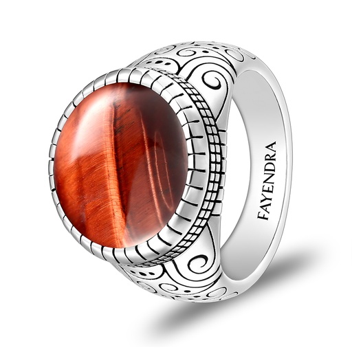 Sterling Silver 925 Ring Rhodium Plated Embedded With RED TIGER EYE