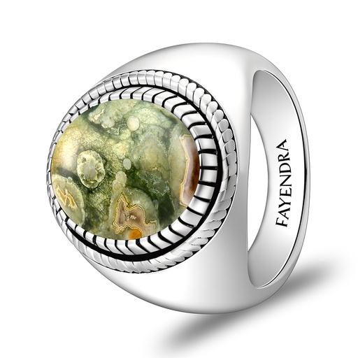 Sterling Silver 925 Ring Rhodium Plated Embedded With RHYOLITE