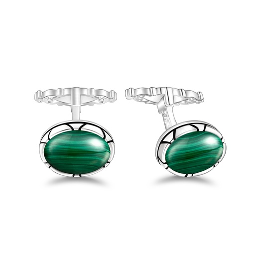 [CFL01MAL00000A254] Sterling Silver 925 Cufflink Rhodium Plated Embedded With Malachite