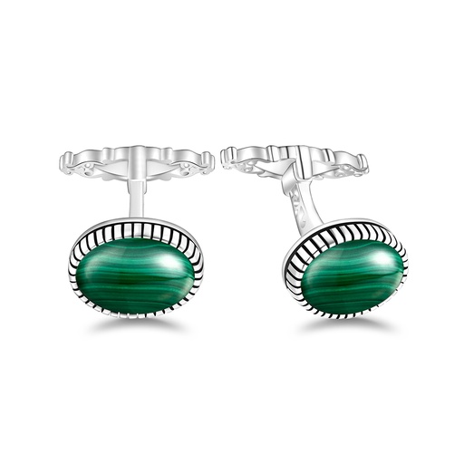 [CFL01MAL00000A255] Sterling Silver 925 Cufflink Rhodium Plated Embedded With Malachite