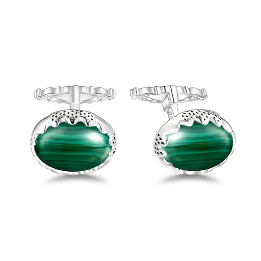 [CFL01MAL00000A268] Sterling Silver 925 Cufflink Rhodium Plated Embedded With Malachite