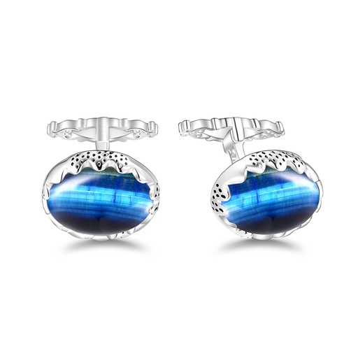 [CFL01TGU00000A268] Sterling Silver 925 Cufflink Rhodium Plated Embedded With Blue Tiger Eye