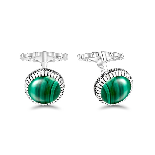 [CFL01MAL00000A278] Sterling Silver 925 Cufflink Rhodium Plated Embedded With Malachite