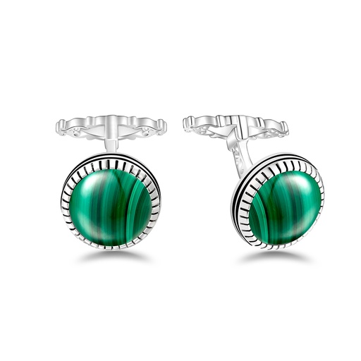 [CFL01MAL00000A279] Sterling Silver 925 Cufflink Rhodium Plated Embedded With Malachite