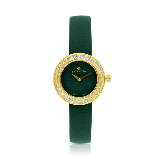 [WAT32WCZ00GRNW066] Stainless Steel 316 Watch Golden Color Embedded With Green Leather And White Zircon - GREEN DIAL