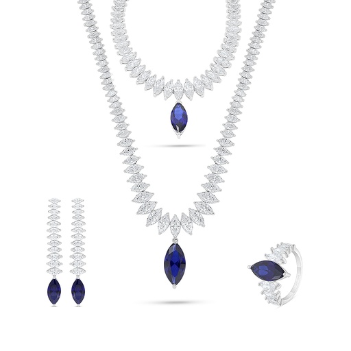 Sterling Silver 925 SET Rhodium Plated Embedded With Sapphire CorundumAnd White Zircon