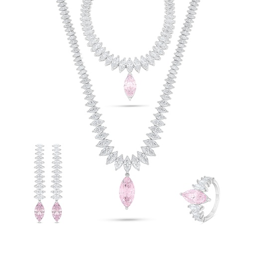 Sterling Silver 925 SET Rhodium Plated Embedded With pink Zircon And White Zircon