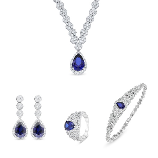 Sterling Silver 925 SET Rhodium Plated Embedded With Sapphire CorundumAnd White Zircon