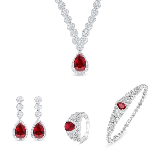 Sterling Silver 925 SET Rhodium Plated Embedded With Ruby Corundum And White Zircon