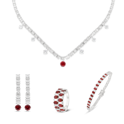 Sterling Silver 925 SET Rhodium Plated Embedded With Ruby Corundum And White Zircon