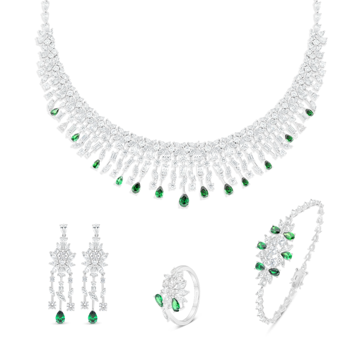 Sterling Silver 925 SET Rhodium Plated Embedded With Emerald Zircon And White Zircon