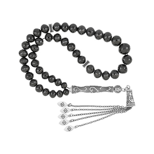 [ROS08DIA44SILA001] Rosary 44 Sterling Silver 925 Set Oxidized Decorated Embedded With Natural Black Diamond 