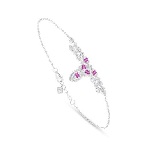 [BRC01RUB00WCZB557] Sterling Silver 925 Bracelet Rhodium Plated Embedded With Ruby Corundum And White Zircon