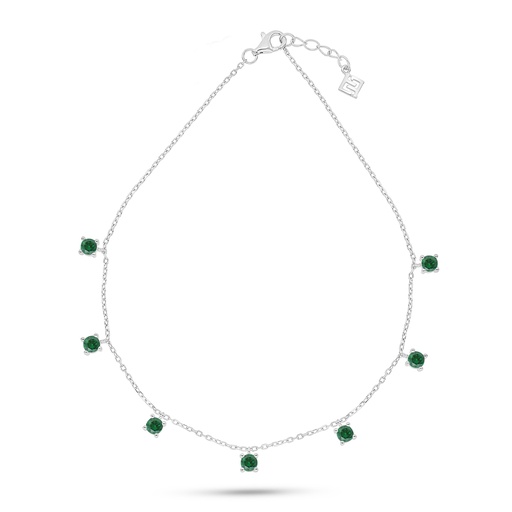 [ANK01EMR00000A035] Sterling Silver 925 Anklet Rhodium Plated Embedded With Emerald Zircon 