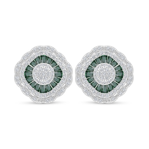 [EAR01EMR00WCZD085] Sterling Silver 925 Earring Rhodium Plated Embedded With Emerald Zircon And White Zircon