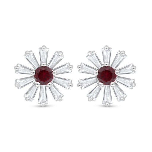 [EAR01RUB00WCZD090] Sterling Silver 925 Earring Rhodium Plated Embedded With Ruby Corundum And White Zircon