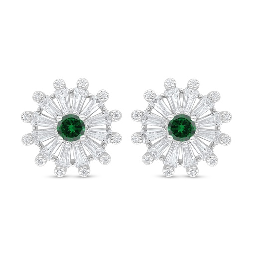 [EAR01EMR00WCZD092] Sterling Silver 925 Earring Rhodium Plated Embedded With Emerald Zircon And White Zircon