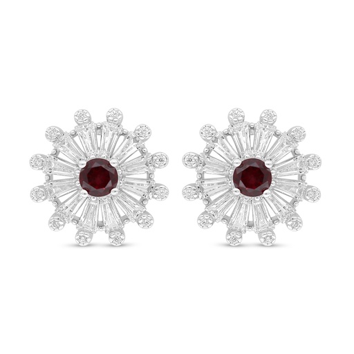 [EAR01RUB00WCZD092] Sterling Silver 925 Earring Rhodium Plated Embedded With Ruby Corundum And White Zircon