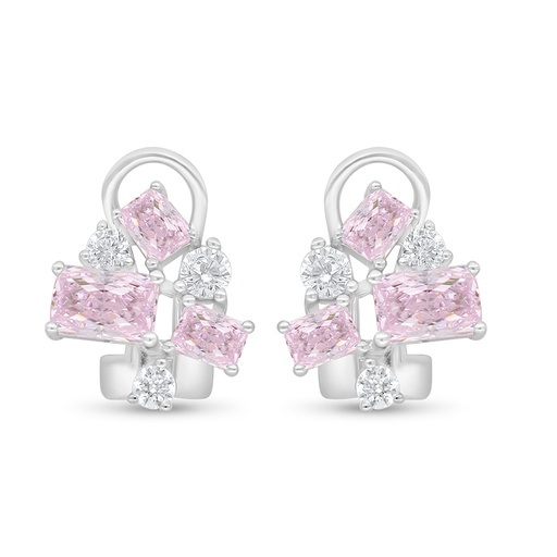 [EAR01PIK00WCZD093] Sterling Silver 925 Earring Rhodium Plated Embedded With Pink Zircon And White Zircon